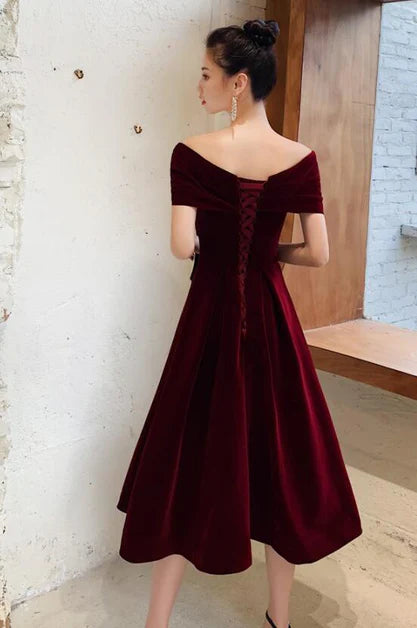 A-line Wine Red Off Shoulder Tea Velvet Party Dress Prom Dresses