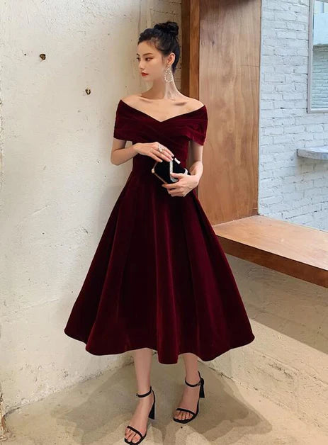 A-line Wine Red Off Shoulder Tea Velvet Party Dress Prom Dresses