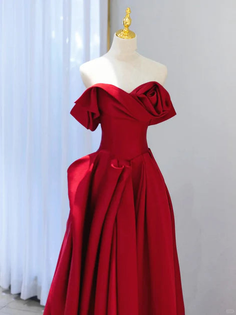 A-line Wine Red Satin Asymmetrical Strapless Long Evening Dress Sweetheart Prom Dress