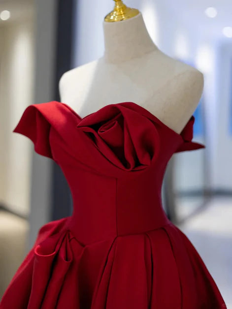 A-line Wine Red Satin Asymmetrical Strapless Long Evening Dress Sweetheart Prom Dress