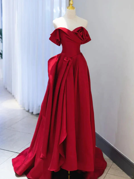 A-line Wine Red Satin Asymmetrical Strapless Long Evening Dress Sweetheart Prom Dress