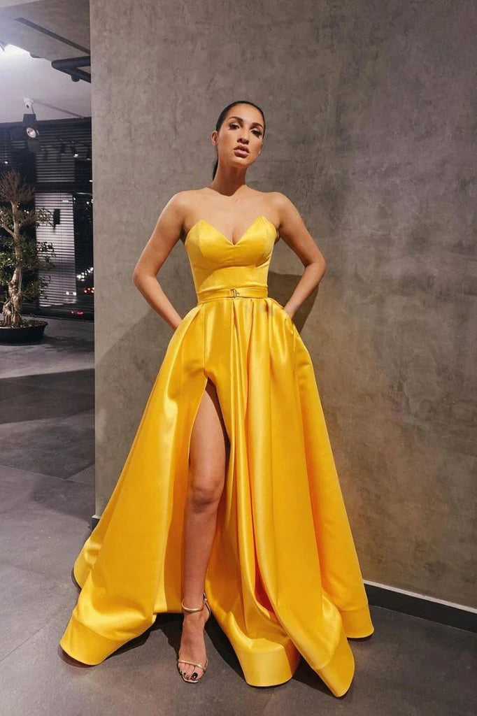 A-line Yellow Satin V Neck Strapless Long Ball Gown Simple Slit Floor Length Bridesmaid Dresses