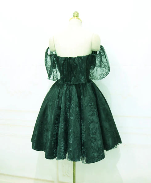 A-line Dark Green Off Shoulder Short Lace Party Dress Homecoming Dress