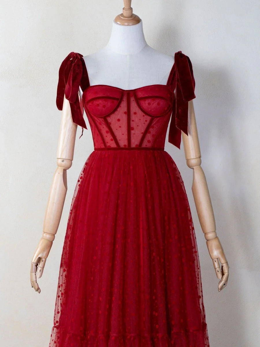 A-line Sweetheart Tie Straps Corset Dotted Tulle Red Ankle-length Prom Dress