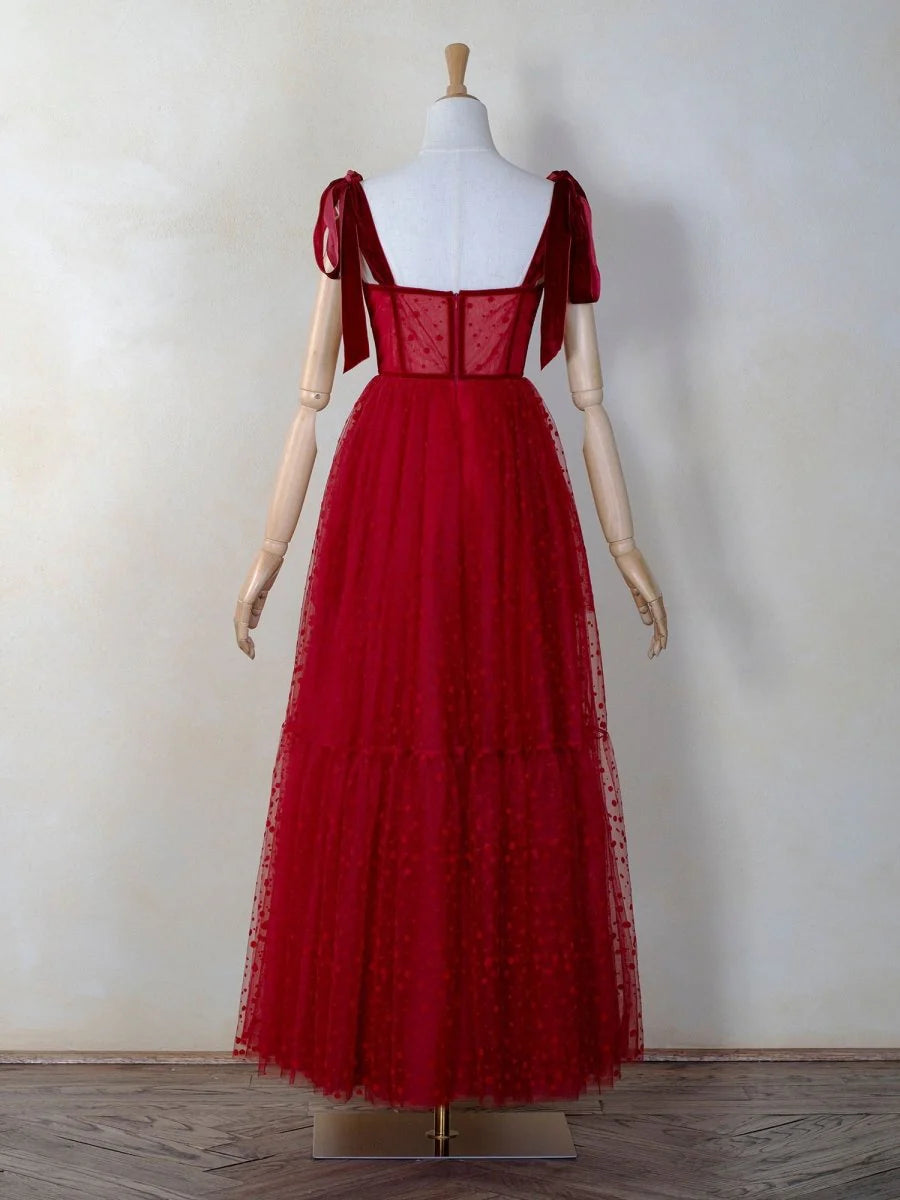 A-line Sweetheart Tie Straps Corset Dotted Tulle Red Ankle-length Prom Dress
