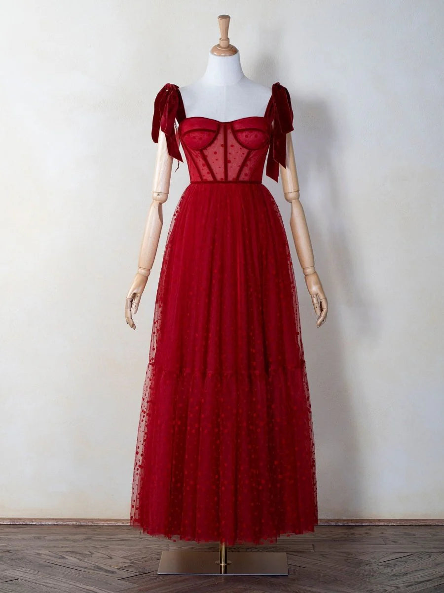 A-line Sweetheart Tie Straps Corset Dotted Tulle Red Ankle-length Prom Dress