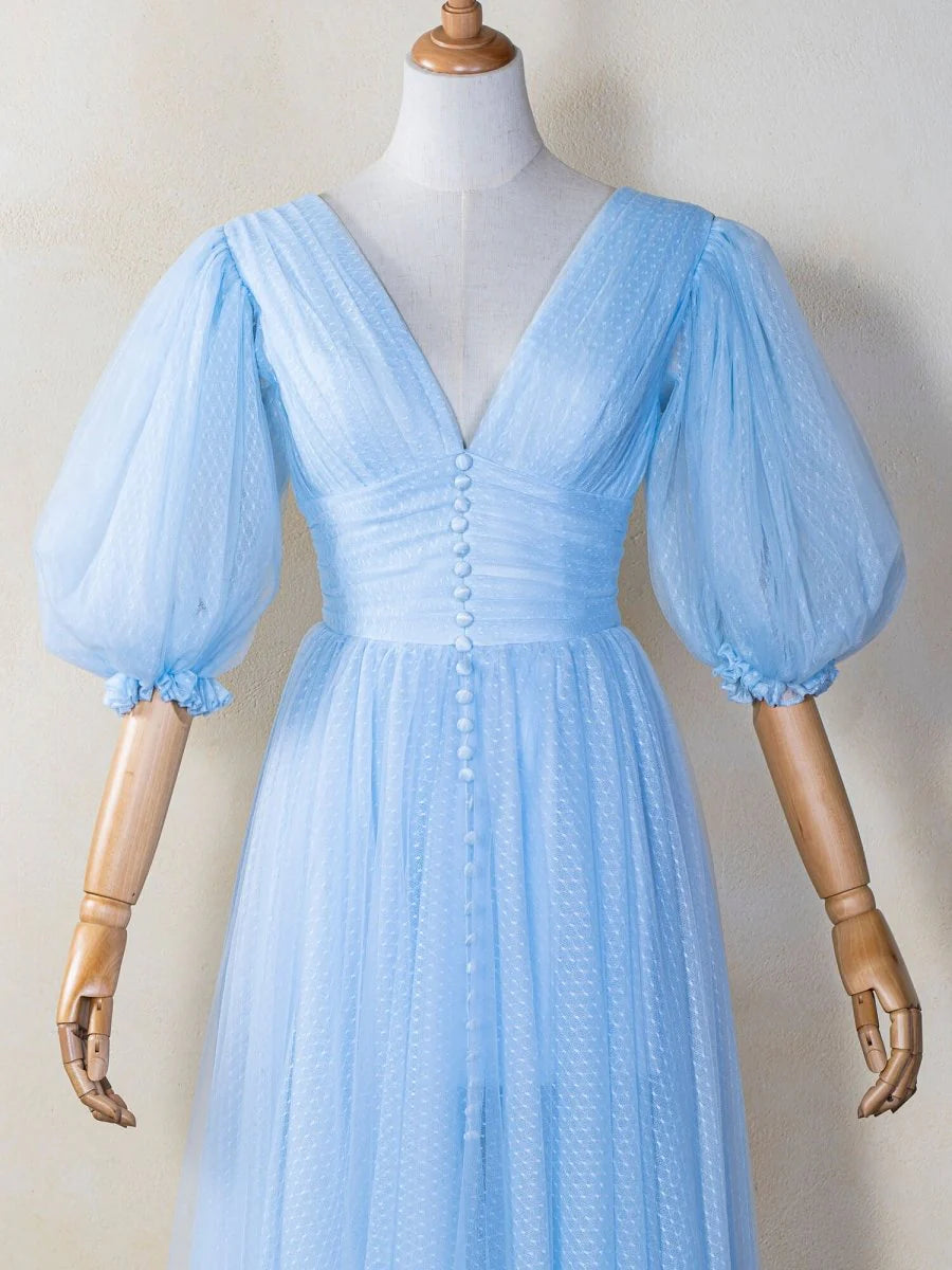 A-line V-Neck Puff Sleeves Button Tulle Blue Ankle Length Prom Dress