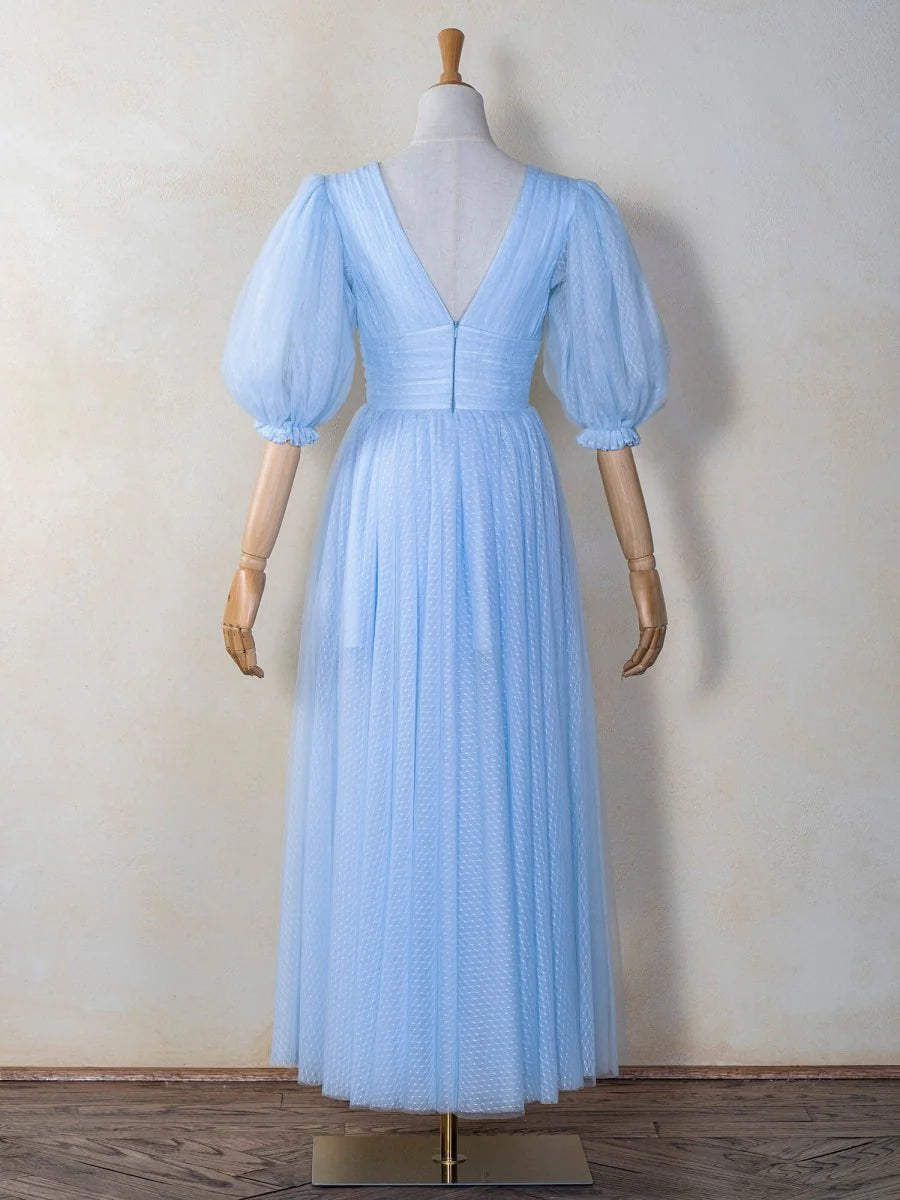A-line V-Neck Puff Sleeves Button Tulle Blue Ankle Length Prom Dress