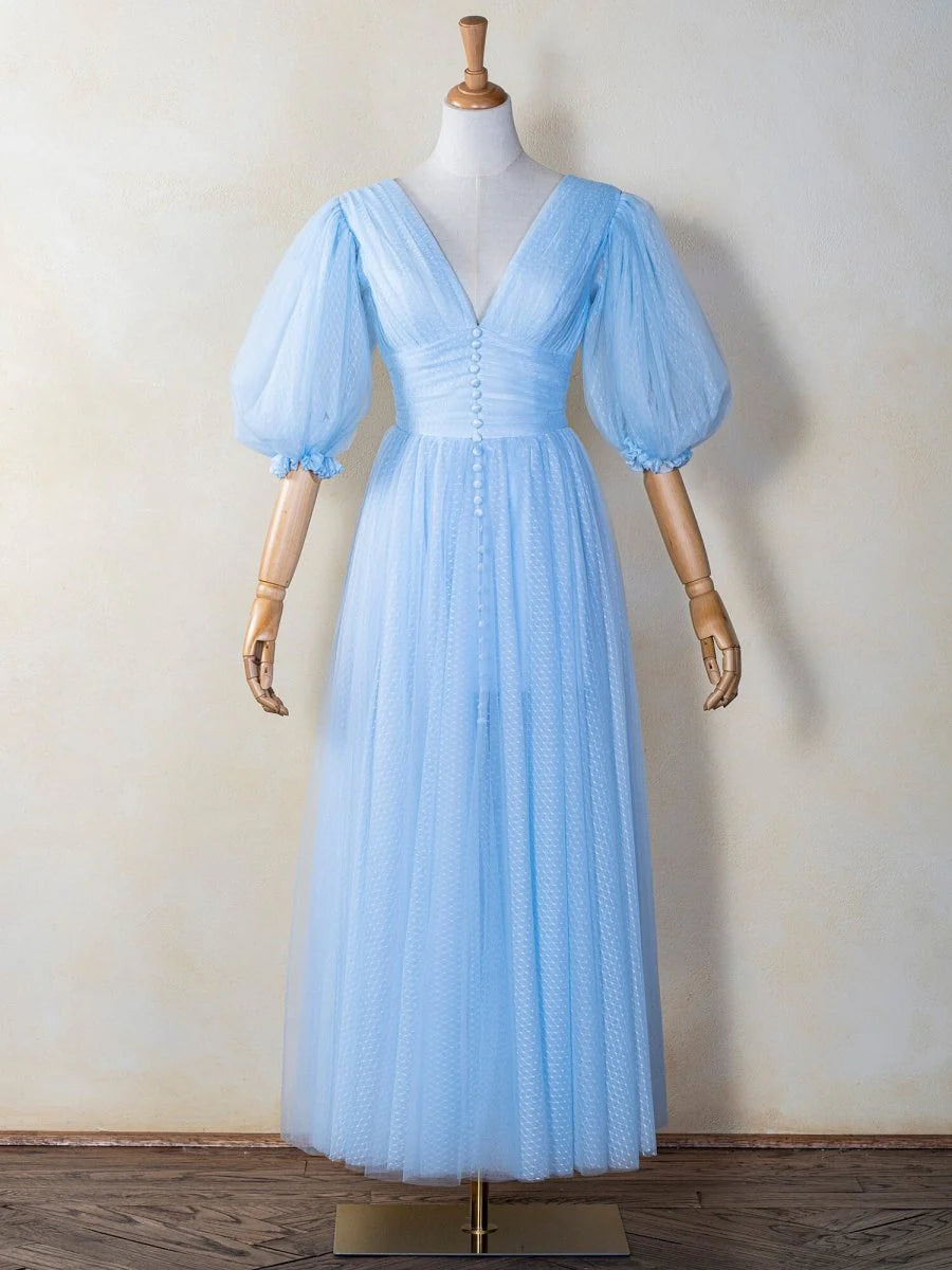 A-line V-Neck Puff Sleeves Button Tulle Blue Ankle Length Prom Dress