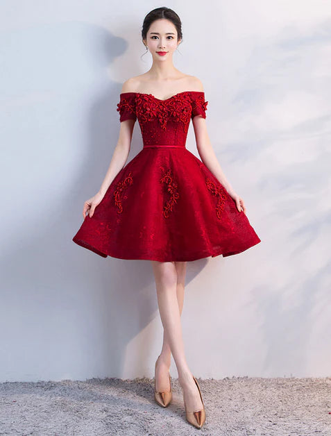A-line Wine Red Off Shoulder Short Applique Homecoming Dress Prom Dress Graduation Party Dress