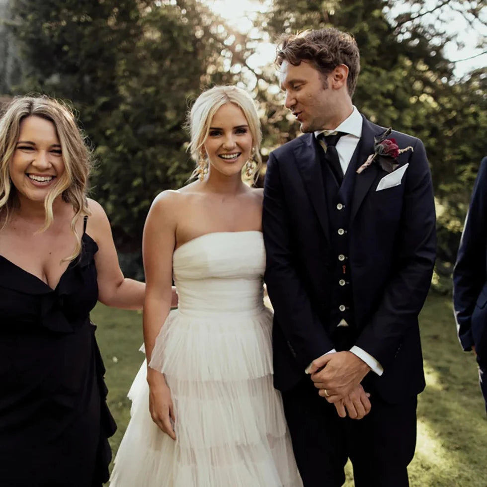 A Line Bohemian White Tulle Strapless Sleeveless Tiered Wedding Dresses With Sweep Train