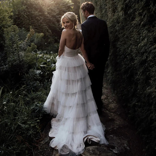 A Line Bohemian White Tulle Strapless Sleeveless Tiered Wedding Dresses With Sweep Train
