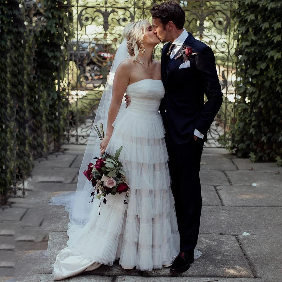 A Line Bohemian White Tulle Strapless Sleeveless Tiered Wedding Dresses With Sweep Train