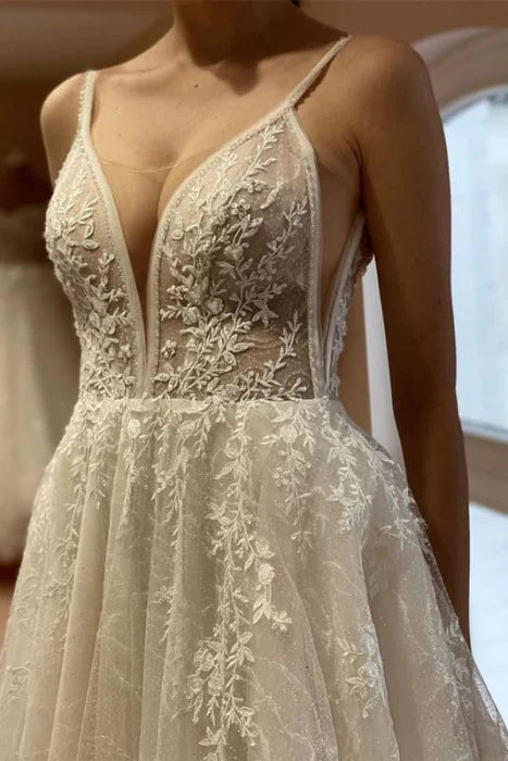 A Line Charming Deep V Neck Spaghetti Straps Lace Tulle Floor Length Wedding Dress With Applique