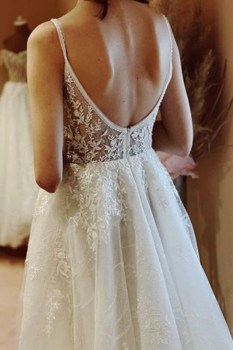A Line Charming Deep V Neck Spaghetti Straps Lace Tulle Floor Length Wedding Dress With Applique