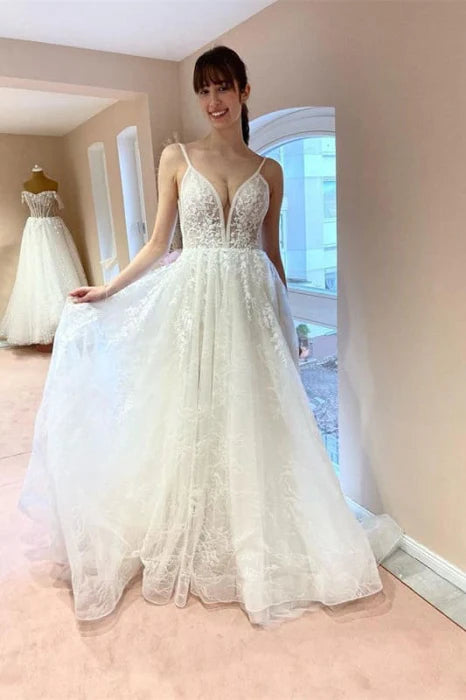 A Line Charming Deep V Neck Spaghetti Straps Lace Tulle Floor Length Wedding Dress With Applique