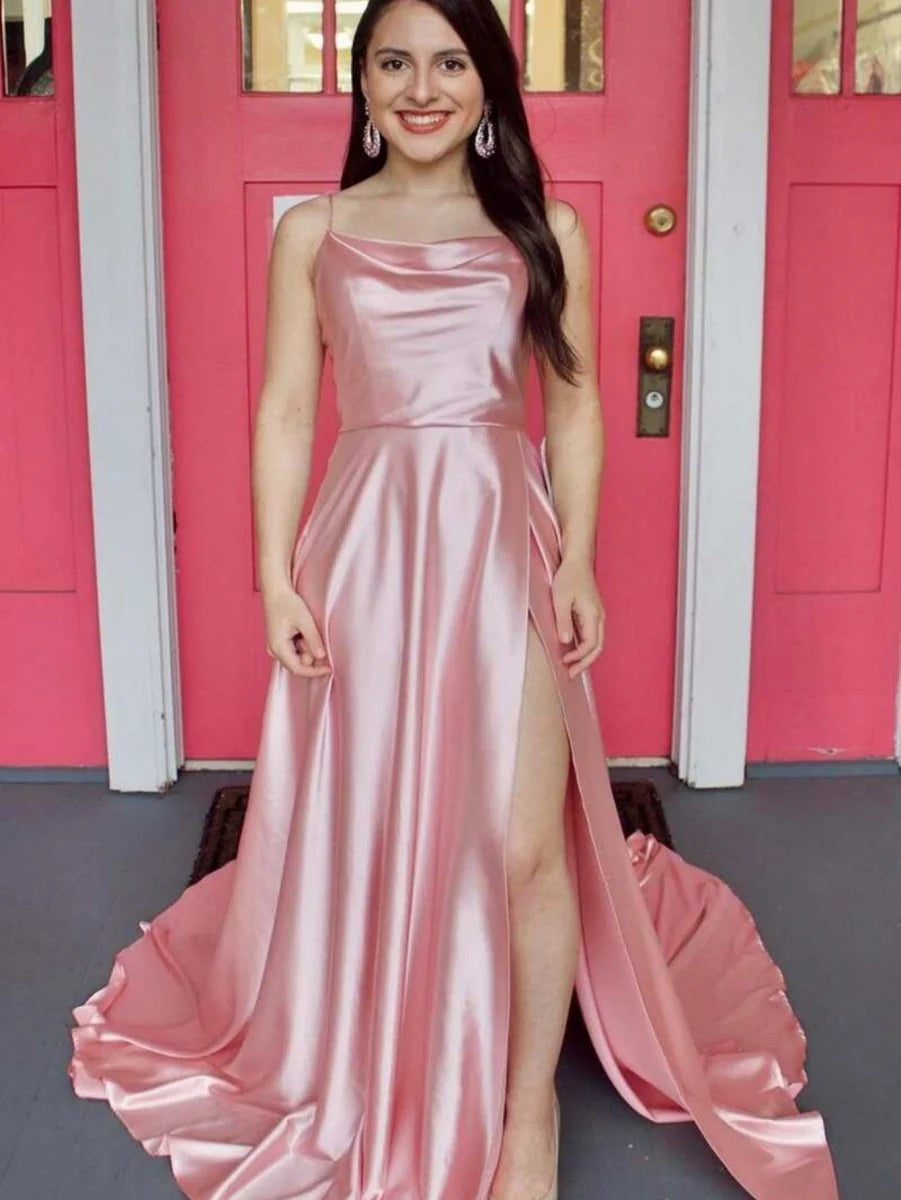 A Line Cowl Neck Spaghetti Strap Satin Red Evening Dress With Pockets