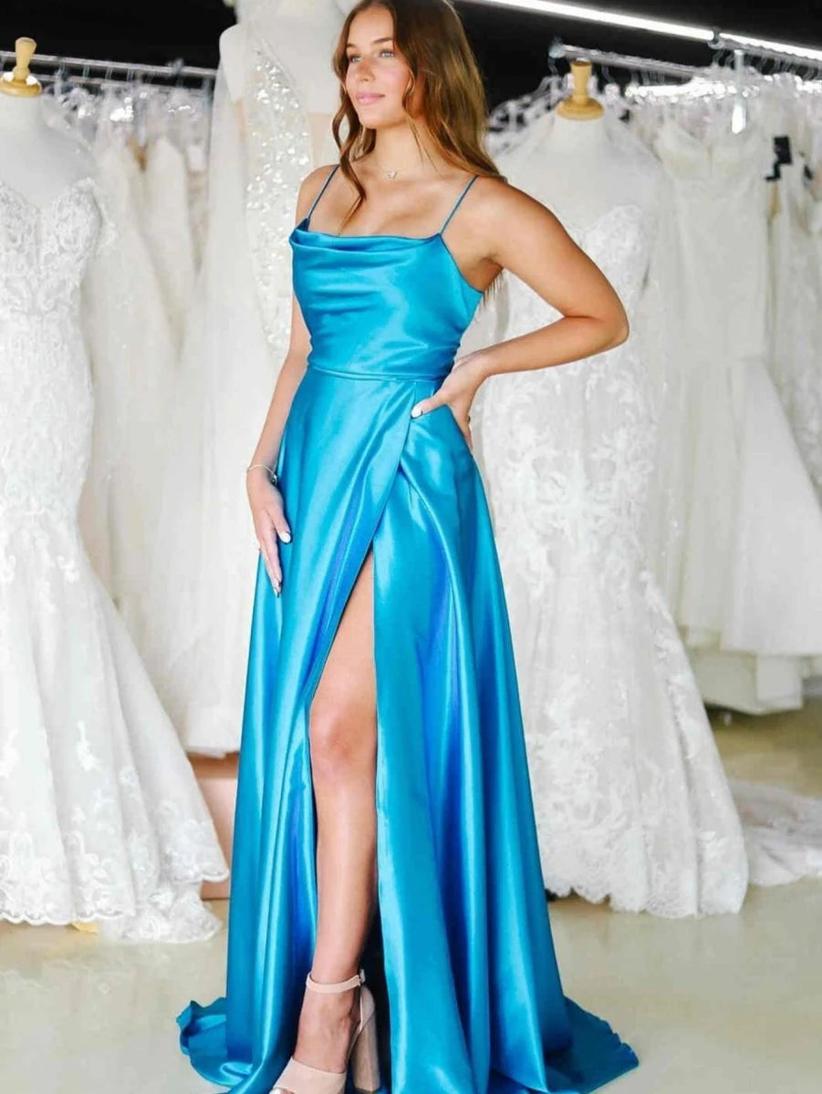 A Line Cowl Neck Spaghetti Strap Satin Red Evening Dress With Pockets