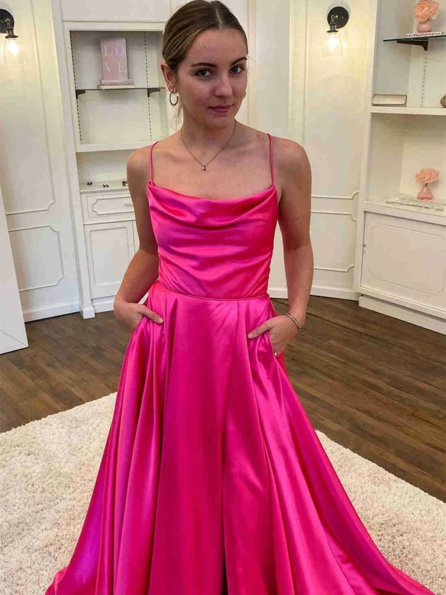 A Line Cowl Neck Spaghetti Strap Satin Red Evening Dress With Pockets