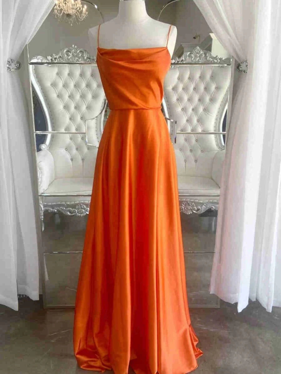 A Line Cowl Neck Spaghetti Strap Satin Red Evening Dress With Pockets
