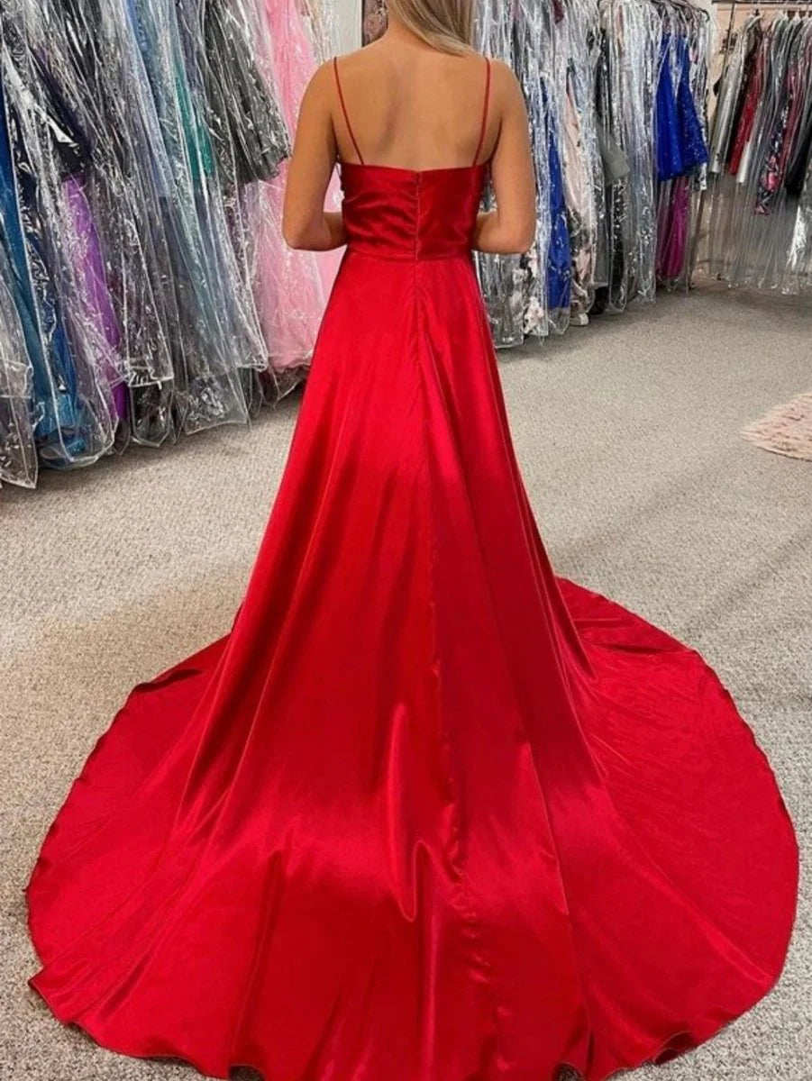 A Line Cowl Neck Spaghetti Strap Satin Red Evening Dress With Pockets