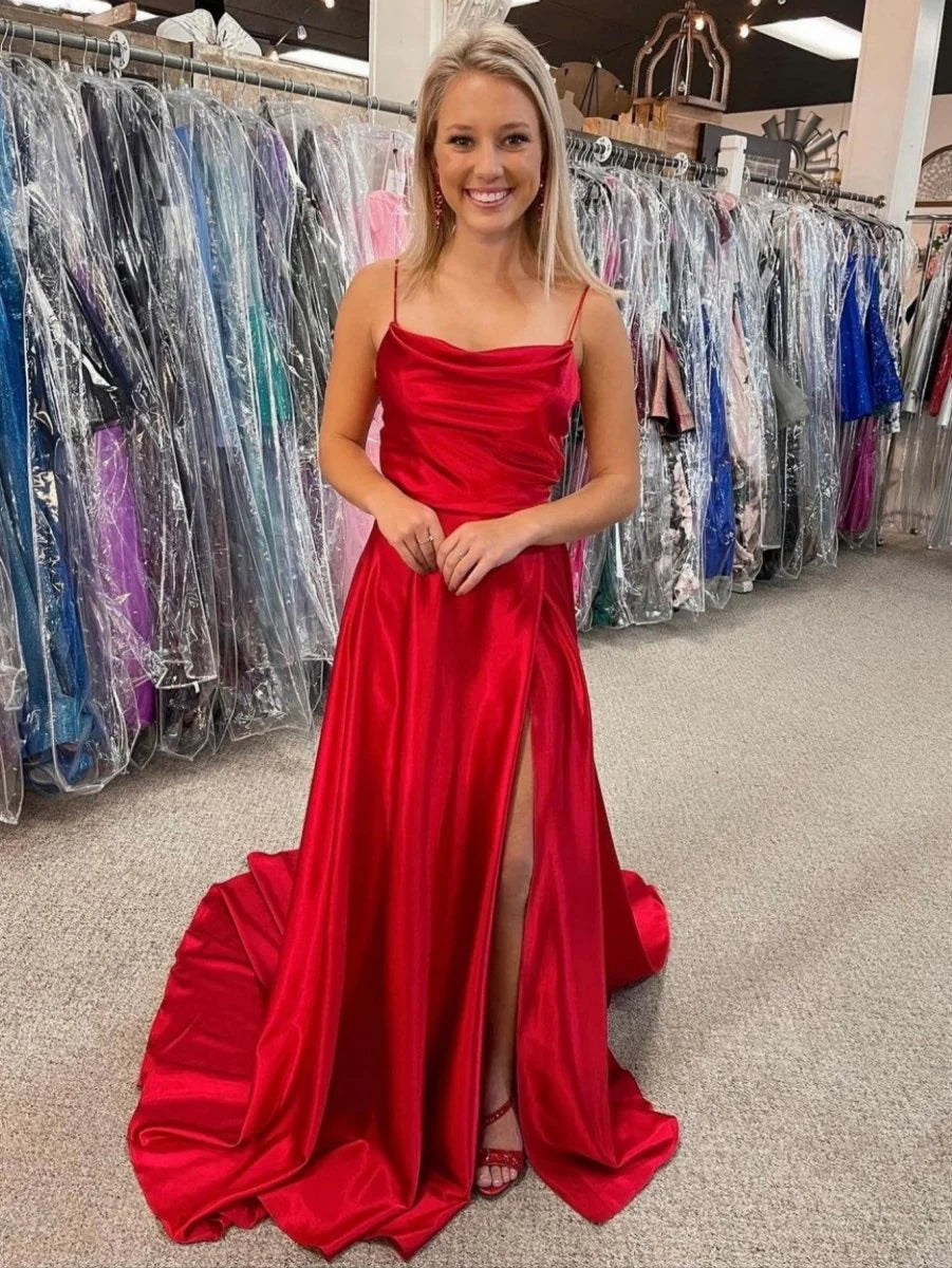 A Line Cowl Neck Spaghetti Strap Satin Red Evening Dress With Pockets