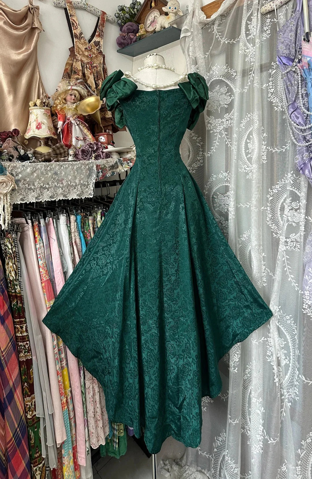 A Line Dark Green Satin Jacquard High Low Evening Dress Elegant Sleeveless Prom Dress With Bow