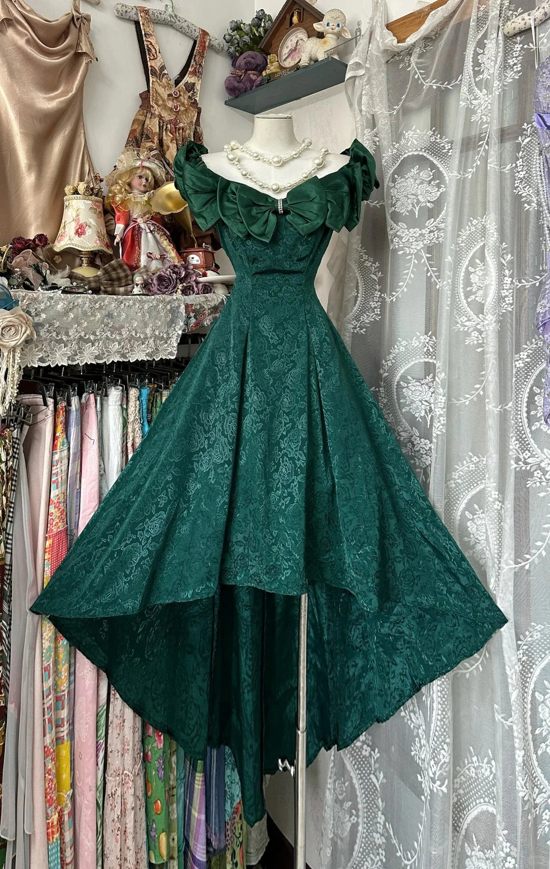 A Line Dark Green Satin Jacquard High Low Evening Dress Elegant Sleeveless Prom Dress With Bow