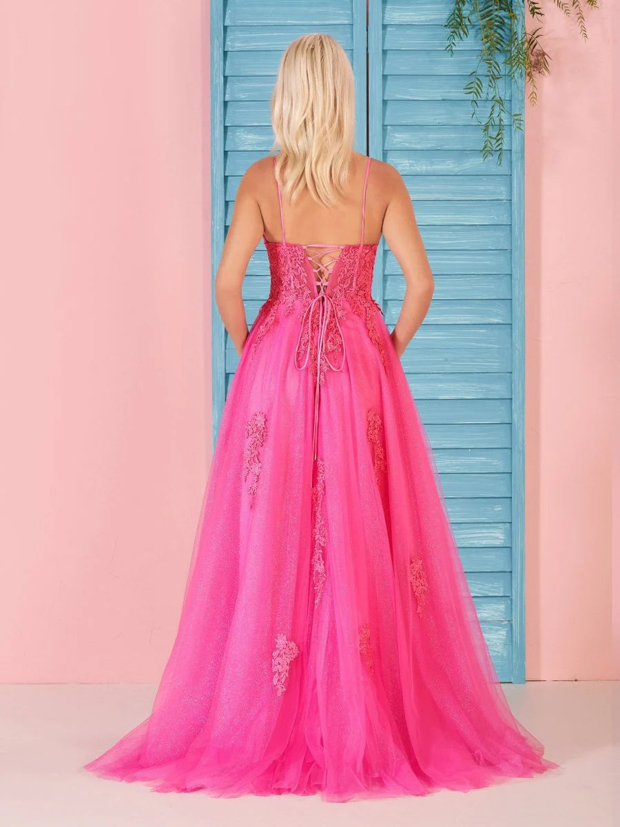 A Line Deep V Neck Lace Applique Glitter Tulle Pink Long Prom Dress