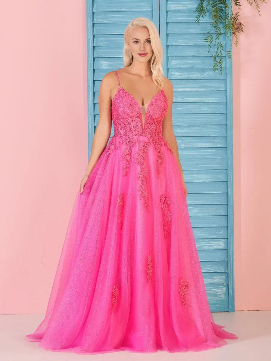 A Line Deep V Neck Lace Applique Glitter Tulle Pink Long Prom Dress