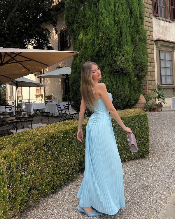 A Line Elegant Blue Chiffon Sweetheart Sleeveless Pleated Long Prom Dresses Party Dress