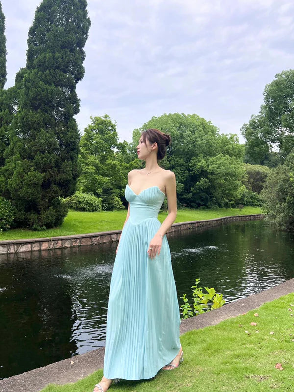 A Line Elegant Blue Chiffon Sweetheart Sleeveless Pleated Long Prom Dresses Party Dress