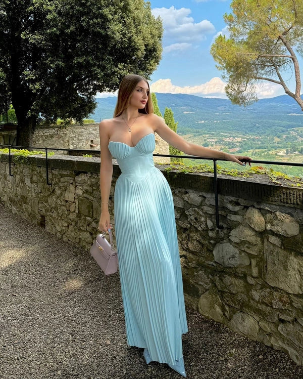 A Line Elegant Blue Chiffon Sweetheart Sleeveless Pleated Long Prom Dresses Party Dress