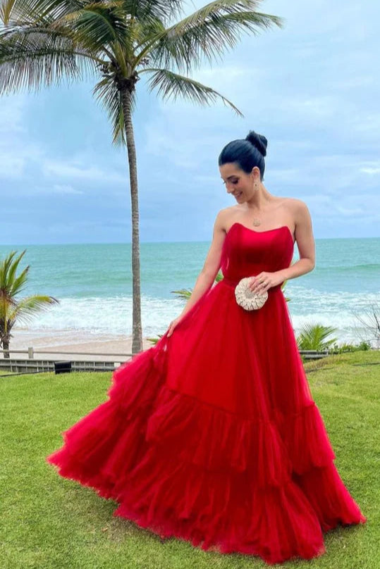 A Line Elegant Red Tulle Sweetheart Strapless Tiered Long Prom Dresses Bargain Red Long Party Dresses