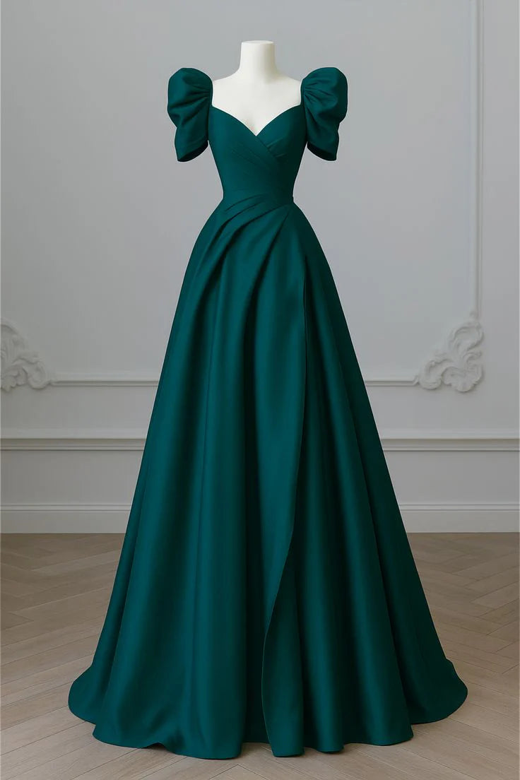 A Line Hunter Green Satin V Neck Short Sleeves Long Prom Dress Simple Party Dress Long Evening Dress