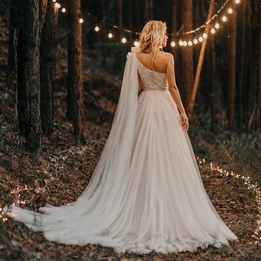 A Line Ivory Tulle Lace One Shoulder Sleeveless  Beaded Zipper Train Wedding Dresses With Streamer