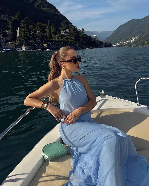 A Line Light Blue Chiffon Halter Scoop Neck Sleeveless Long Prom Dresses Party Dress