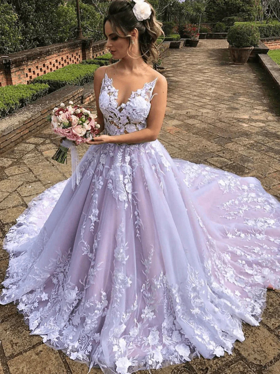 A Line Light Purple Lace Sleeveless V-Neck Appliqued Wedding Dresses With Sweep Train