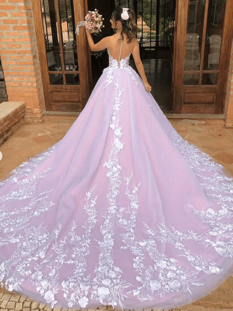 A Line Light Purple Lace Sleeveless V-Neck Appliqued Wedding Dresses With Sweep Train