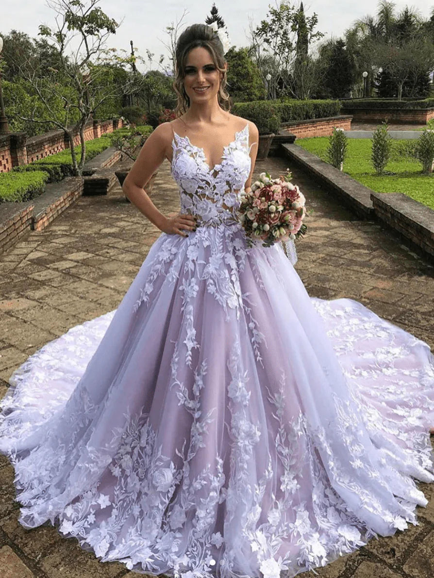 A Line Light Purple Lace Sleeveless V-Neck Appliqued Wedding Dresses With Sweep Train
