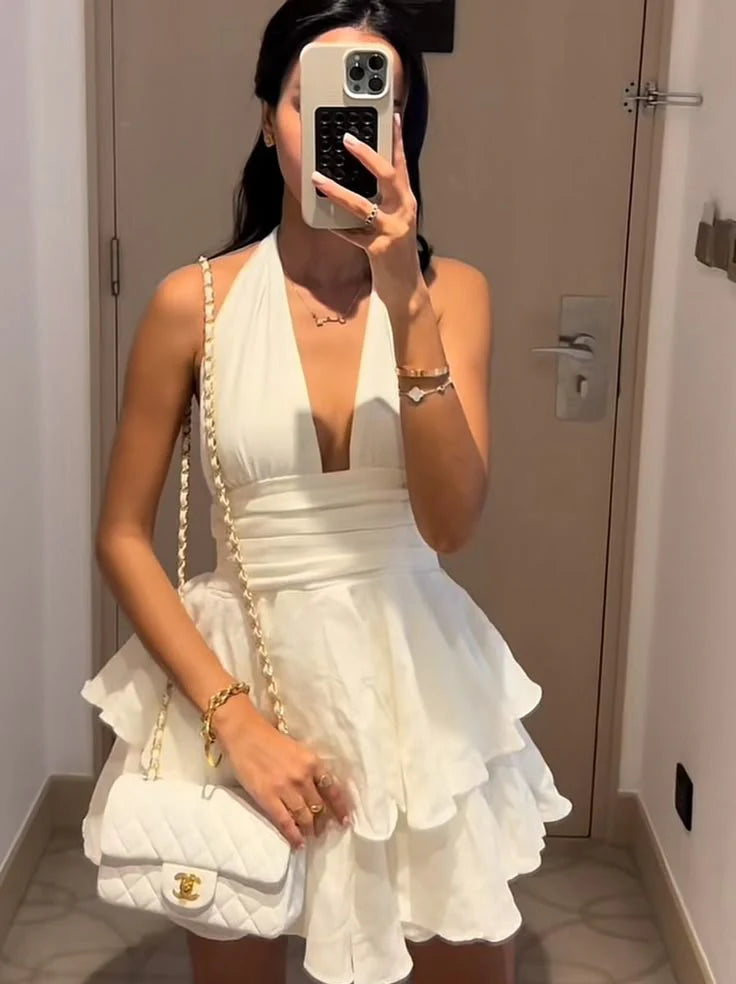 A Line Lovely White Chiffon Halter Short prom Dress Cocktail Dresses Budget White Homecoming Dresses