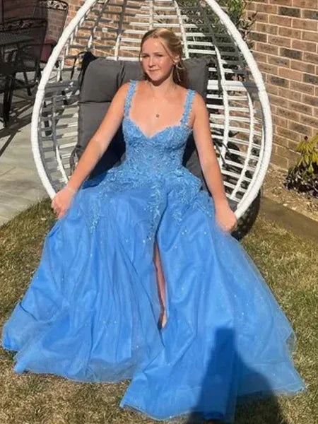 A Line Off-Shoulder Lace Applique Tulle Blue Long Prom Dress With Slit