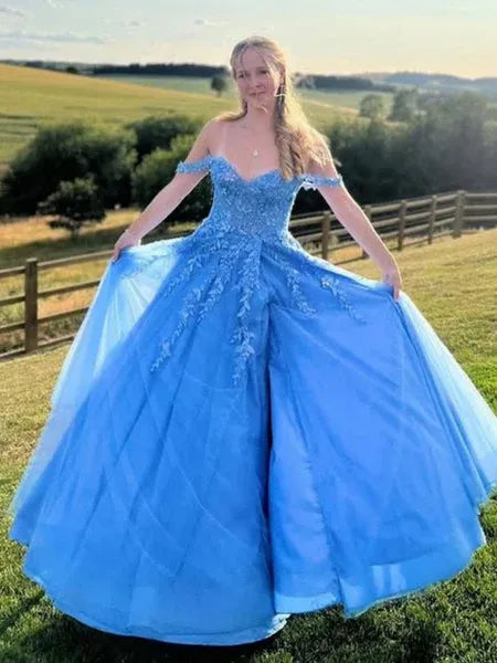 A Line Off-Shoulder Lace Applique Tulle Blue Long Prom Dress With Slit