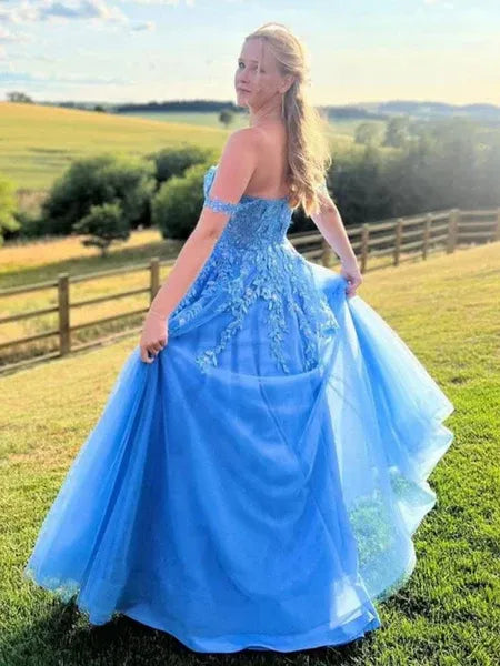 A Line Off-Shoulder Lace Applique Tulle Blue Long Prom Dress With Slit
