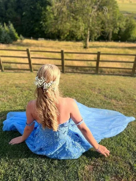 A Line Off-Shoulder Lace Applique Tulle Blue Long Prom Dress With Slit