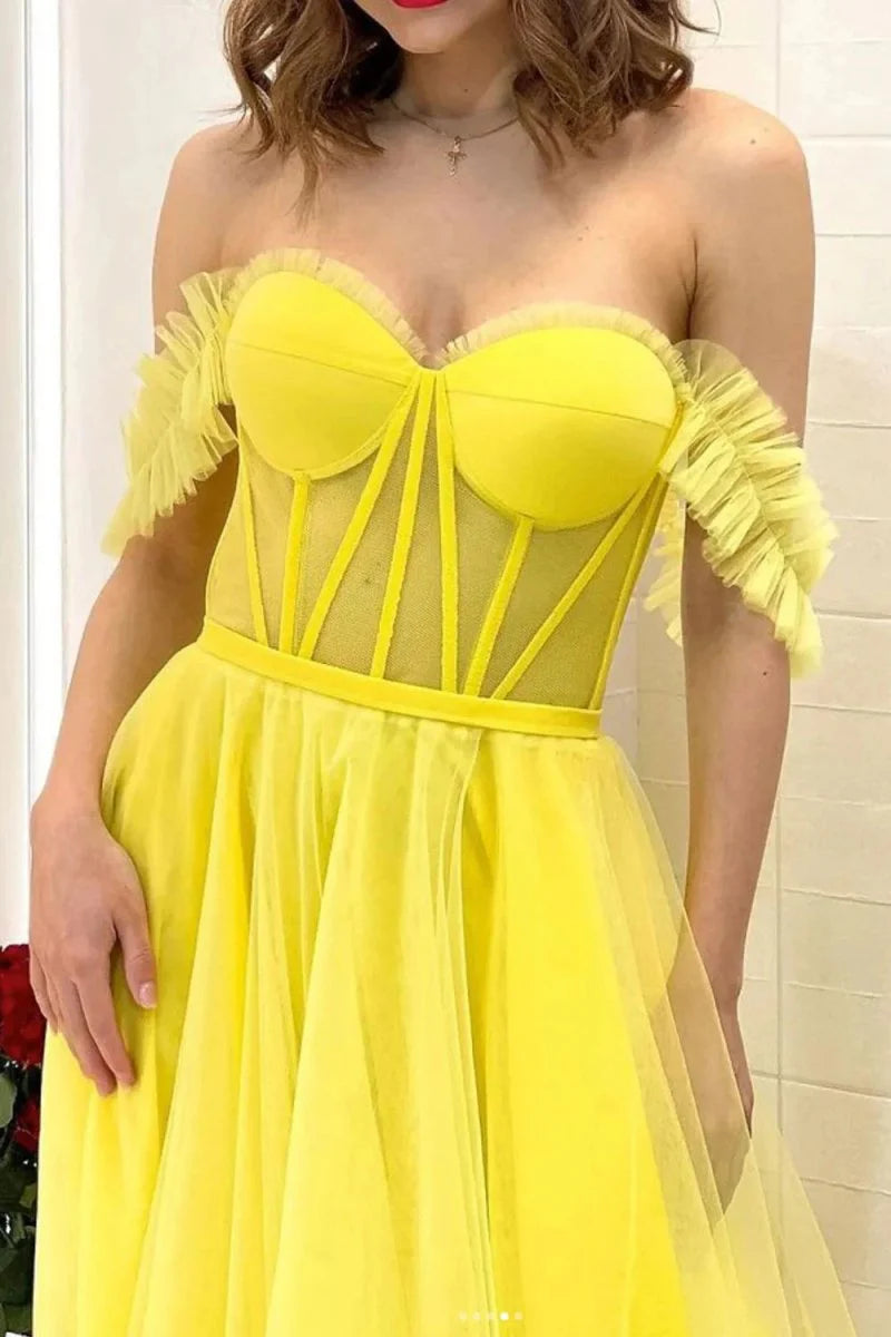 A Line Off The Shoulder Corset Tulle Yellow Floor Length Prom Dress