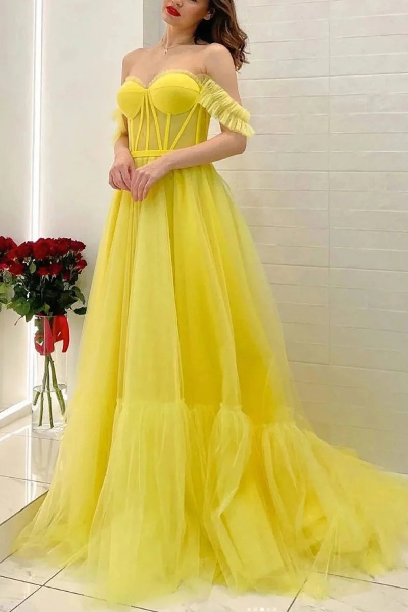 A Line Off The Shoulder Corset Tulle Yellow Floor Length Prom Dress