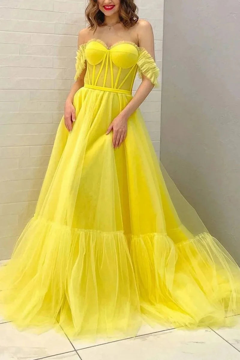 A Line Off The Shoulder Corset Tulle Yellow Floor Length Prom Dress