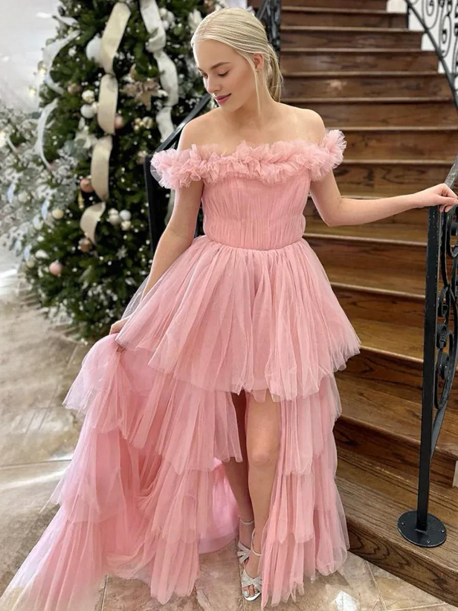 A Line Off The Shoulder Tiered Tulle Pink Floor Length Prom Dress With Split