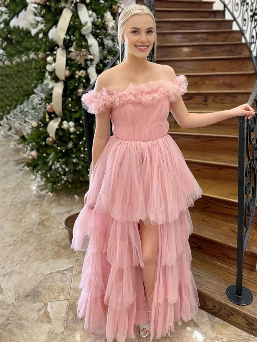 A Line Off The Shoulder Tiered Tulle Pink Floor Length Prom Dress With Split